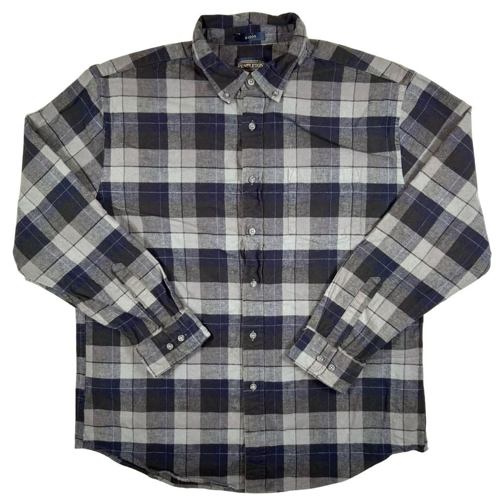Pendleton Mason Mens XL Grey Blue Plaid Cotton Flannel Button Down Shirt XL